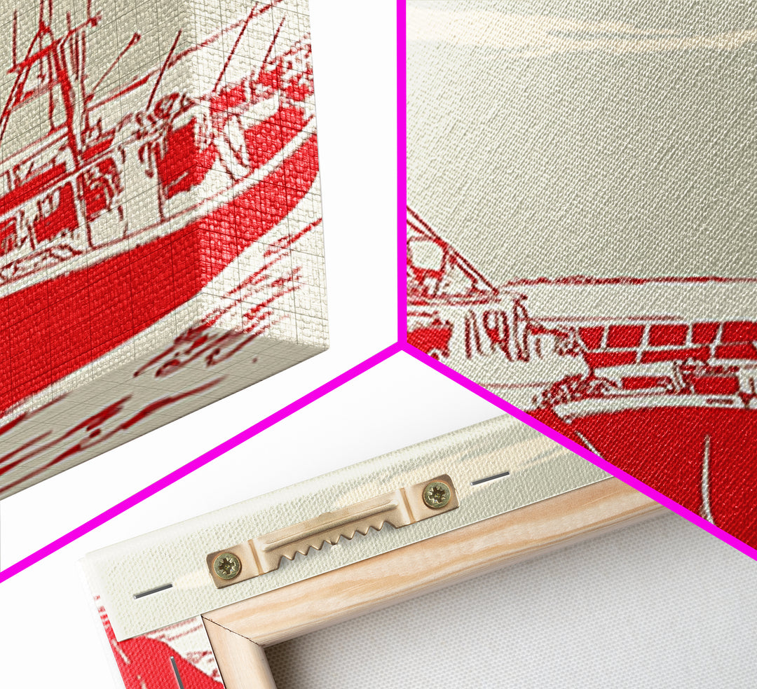 Two Red Fishing Boats At Harbor Canvas Print, Nautical Wall Art, Coastal Decor, Maritime Living Room Poster Gift For Him