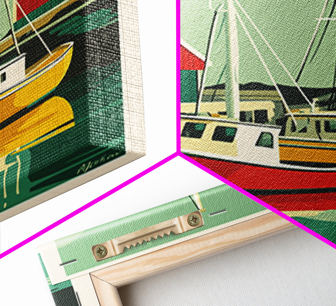 Red And Yellow Boats By Boathouse Wall Art, Nautical Coastal Canvas Print, Scandinavian Harbor Home Decor, Lake House Gift