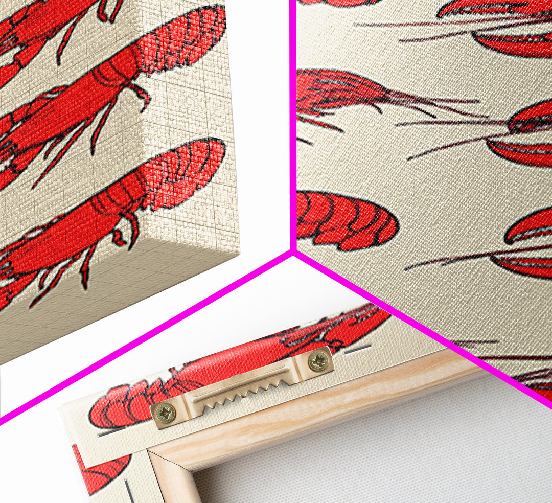 Red Lobster Pattern On Beige Wall Art, Coastal Kitchen Decor, Seafood Print, Nautical Home Decor, Beach House Dining Room Gift
