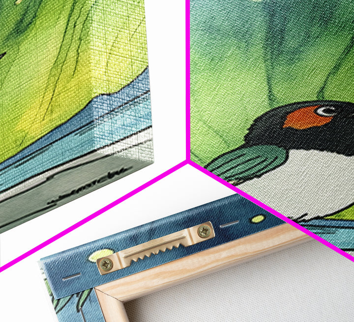 Robin Bird Beneath Green Northern Lights Canvas Print, Aurora Wall Art, Celestial Decor, Nature Wall Decor, Whimsical Art