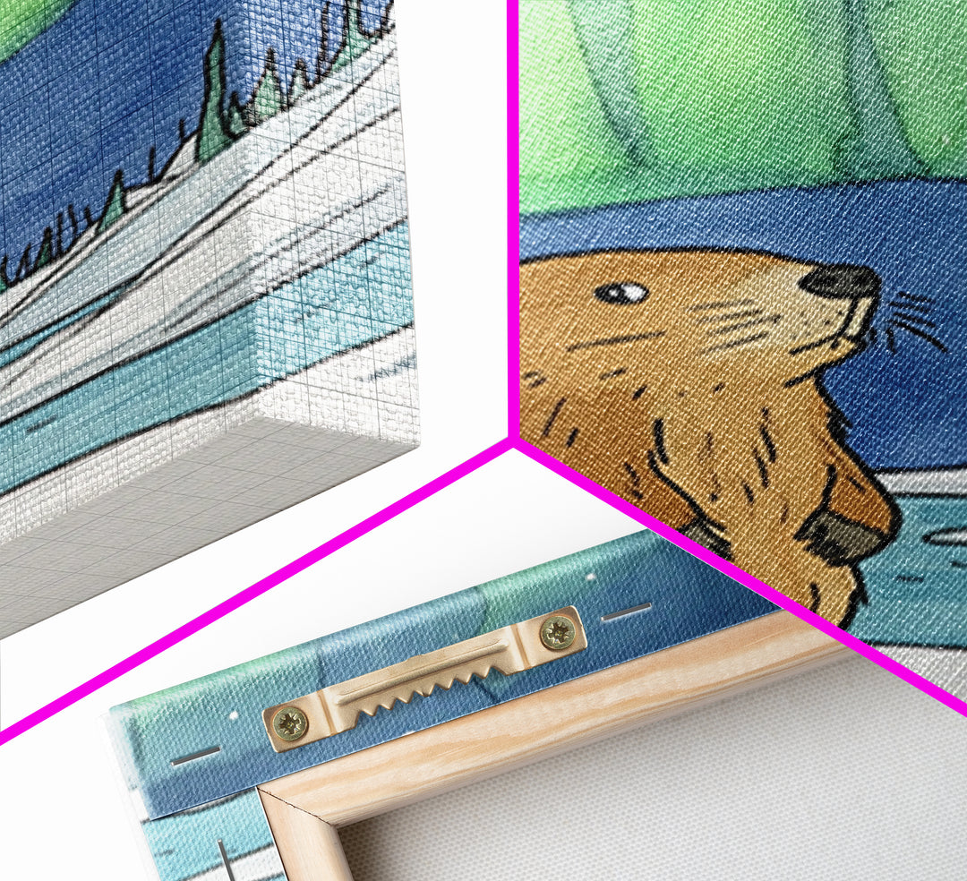 Whimsical Beaver Aurora Wall Art, Northern Lights Animal Print, Winter Nursery Decor, Woodland Animal Gift, Cozy Kids Room Decor