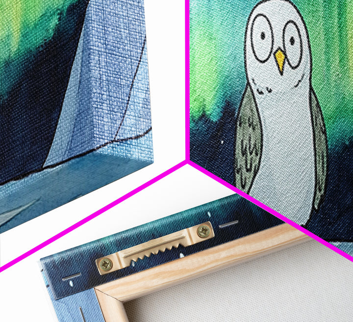 Northern Lights Owl Wall Art, Aurora Borealis Canvas Print, Whimsical Arctic Animal Decor, Kids Room Nursery Art Gift For Kids