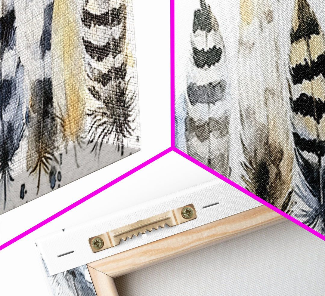Watercolor Feather Collection Wall Art, Boho Bird Feather Canvas Print, Neutral Nature Decor, Rustic Gallery Wall Print Set