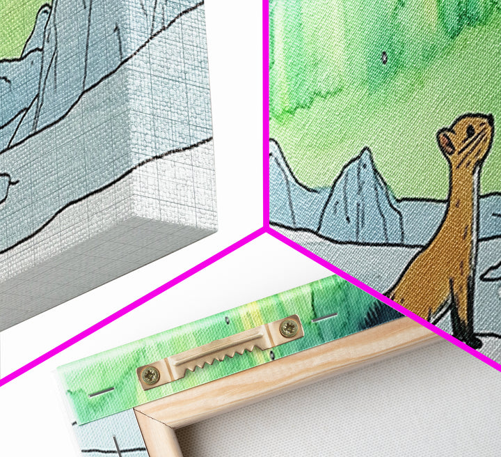 Playful Arctic Weasel Under Aurora Wall Art, Framed Canvas Print, Wildlife Wall Decor, Whimsical Nursery Art Gift For Kids Room