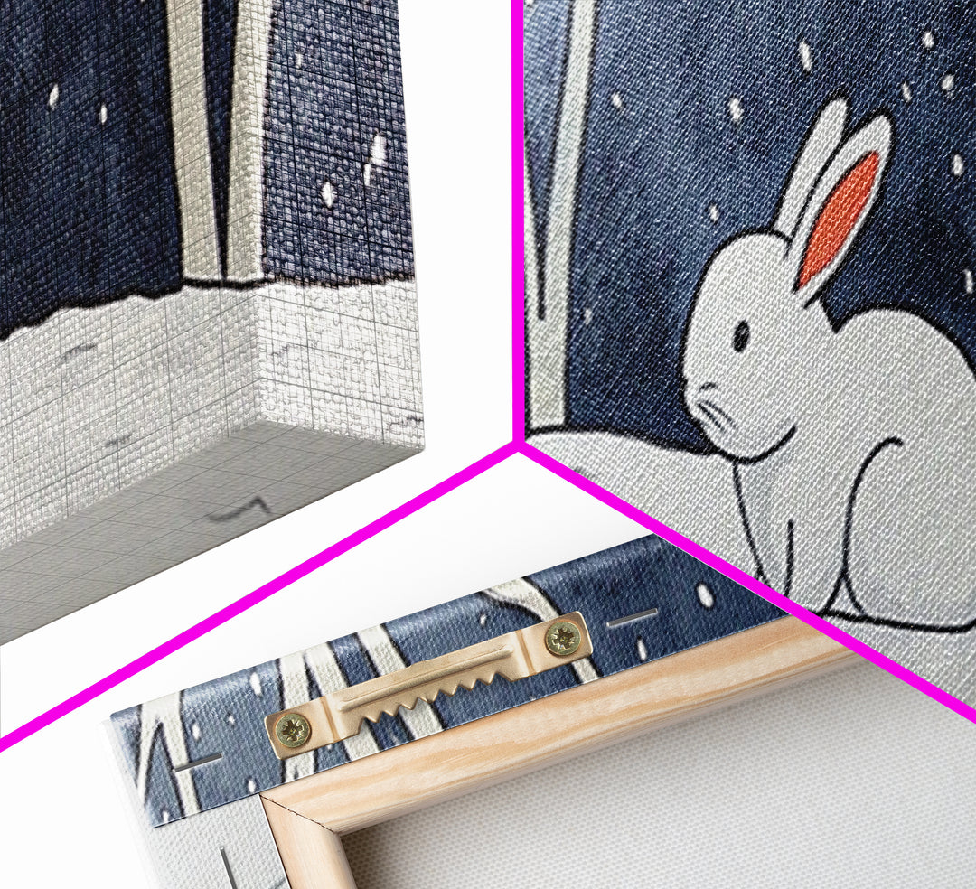 White Rabbit In Snowy Forest Wall Art, Framed Canvas Print, Woodland Nursery Decor, Whimsical Animal Art For Kids Room Gift