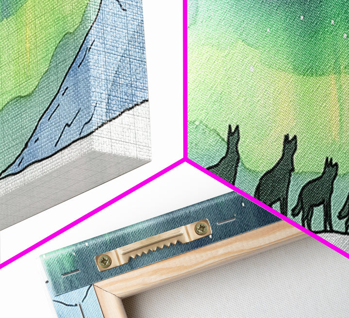 Howling Wolves Beneath Northern Lights Wall Art, Wildlife Canvas Print, Winter Mountain Decor, Aurora Landscape Print, Cabin Art