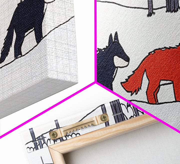 Red Fox Walking With Black Wolves Wall Art, Woodland Animal Canvas Print, Snowy Forest Nursery Decor, Whimsical Wildlife Art