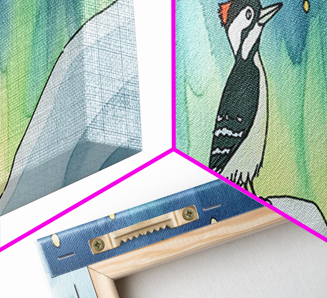 Aurora Woodpecker On Snowy Branch Canvas Print, Nordic Bird Wall Decor, Wildlife Art Print, Winter Nursery Decor Gift For Bird Lovers