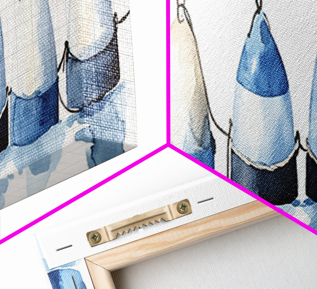 Blue And White Fishing Buoys Wall Art, Nautical Canvas Print, Coastal Bathroom Decor, Beach House Gallery Print, Ocean Wall Decor