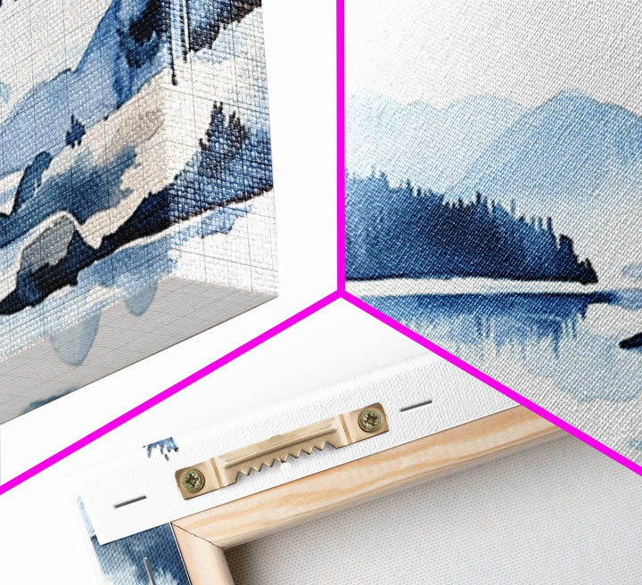 Blue Winter Lake And Pine Trees Wall Art, Watercolor Mountain Landscape Print, Coastal Cabin Decor, Serene Living Room Art