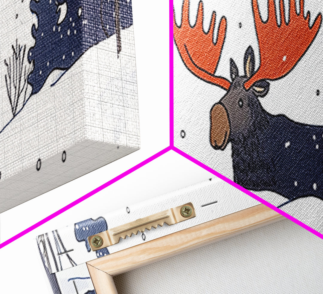 Whimsical Moose In Falling Snow Wall Art, Winter Animal Canvas Print, Cute Nursery Room Decor, Woodland Cabin Gift For Kids
