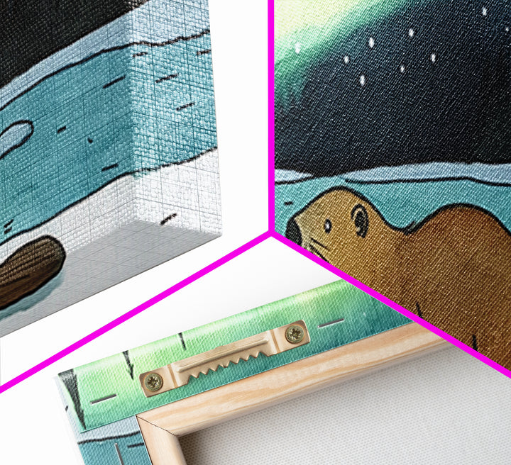 Beaver Beside Frozen Lake Wall Art, Northern Lights Canvas Print, Aurora Borealis Wildlife Decor, Kids Cabin Nursery Room Art