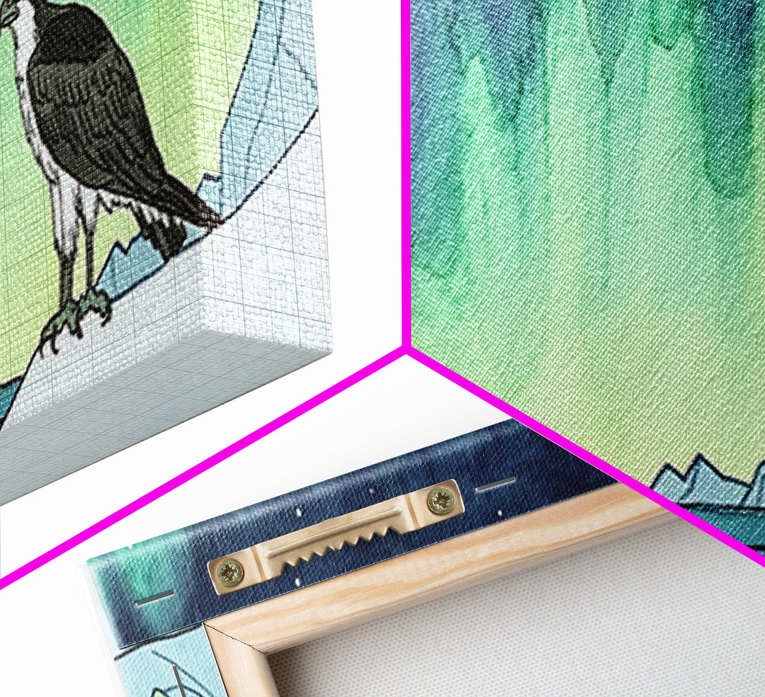 Osprey Over Icy Shore And Northern Lights Wall Art, Arctic Bird Canvas Print, Wildlife Nature Decor, Rustic Cabin Gift For Him