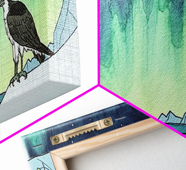 Osprey Over Icy Shore And Northern Lights Wall Art, Arctic Bird Canvas Print, Wildlife Nature Decor, Rustic Cabin Gift For Him