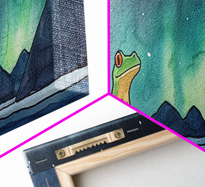 Green Frog Under Northern Lights Wall Art, Whimsical Animal Print, Mountain Lake Nursery Decor, Kids Room Wall Decor Gift
