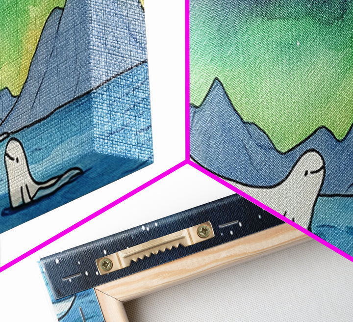 Beluga Whales Under Northern Lights Wall Art, Arctic Ocean Canvas Print, Wildlife Nursery Decor, Coastal Kids Room Art Print