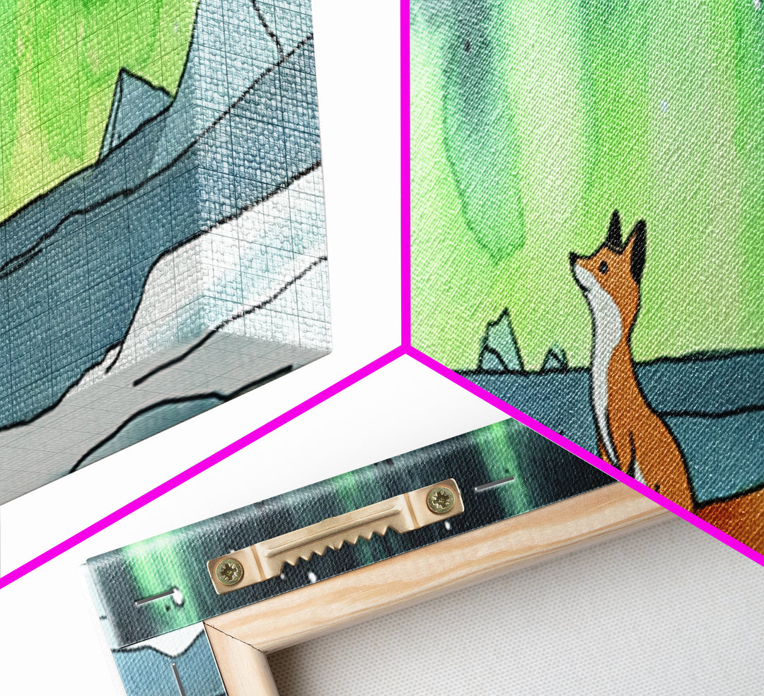 Fox Watching Northern Lights Wall Art, Arctic Wildlife Canvas Print, Woodland Animal Nursery Decor, Winter Landscape Print
