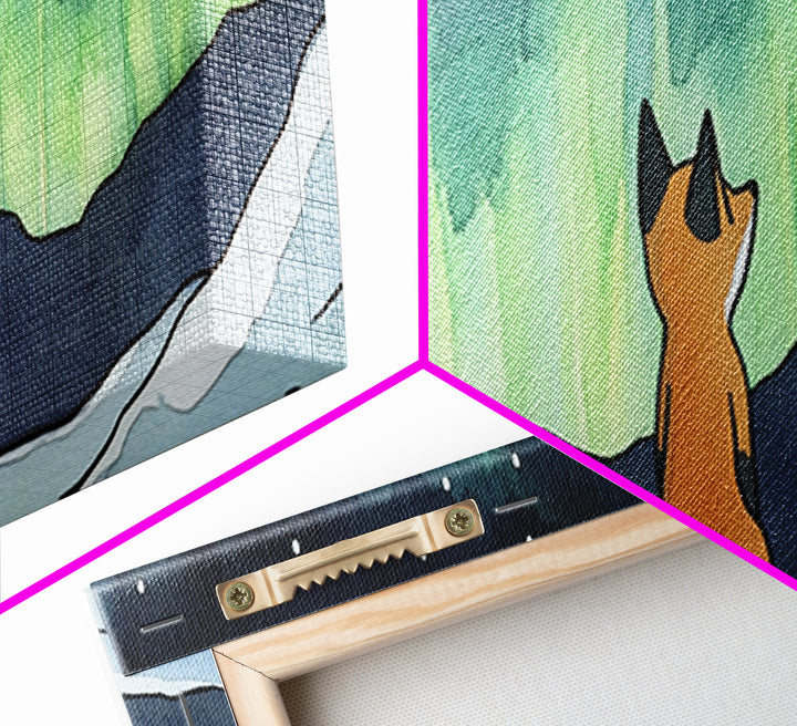 Fox Beneath Aurora Borealis Canvas Print, Winter Woodland Wall Art, Arctic Animal Decor, Cozy Nursery Art Print, Kids Room Decor