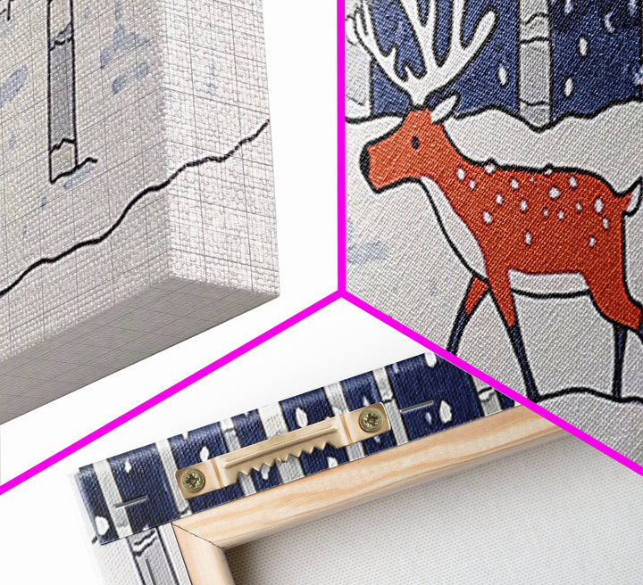 Snowy Birch Forest Reindeer Wall Art, Whimsical Woodland Animal Print, Winter Nursery Decor, Rustic Cabin Home Decor Gift