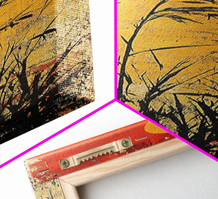 Golden Sun Reeds Silhouette Wall Art, Japanese Minimalist Print, Warm Orange Decor, Long Narrow Boho Canvas Print Home Decor