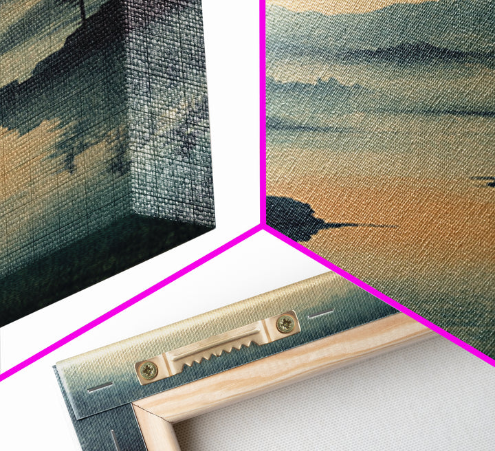 Misty Pine Lake Sunset Wall Art, Japanese Landscape Print, Moody Mountain Decor, Calming Nature Art For Living Room Wall Decor