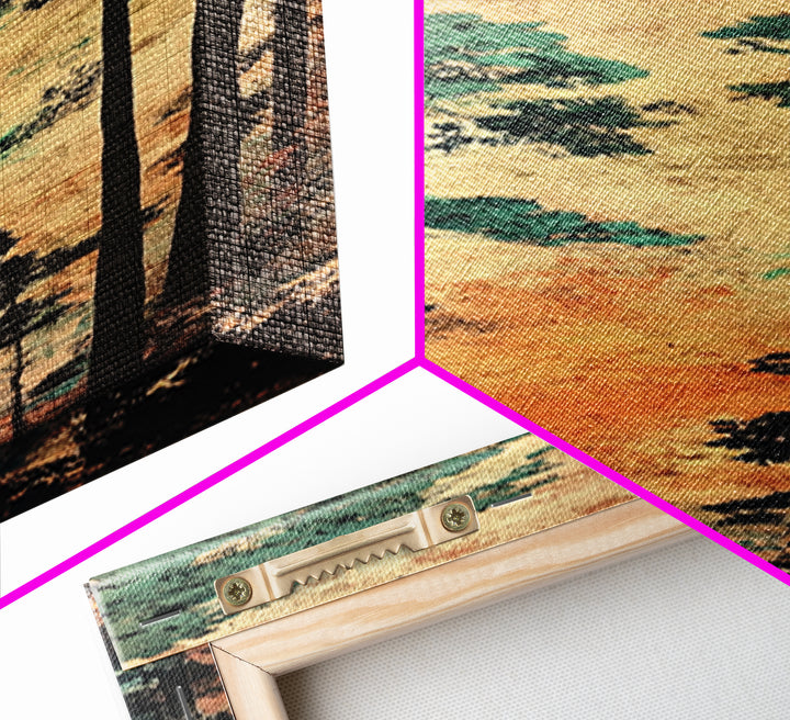 Tall Pine Forest Wall Art, Japanese Woodland Canvas Print, Rustic Nature Decor, Vertical Landscape For Cabin Living Room