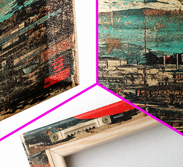 Red Sun Mountain Town Wall Art, Japanese Landscape Canvas Print, Rustic Wabi Sabi Decor, Teal Blue Living Room Wall Art Print