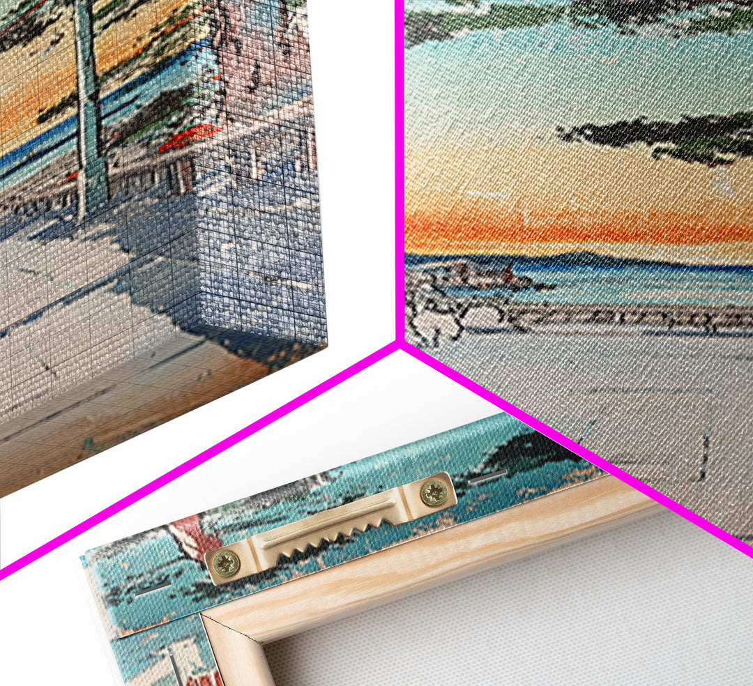 Japanese Seaside Village Sunset Wall Art, Coastal Landscape Canvas Print, Japandi Home Decor, Long Narrow Wall Decor Gift