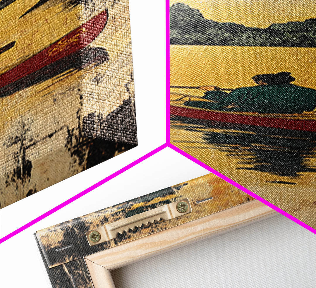 Golden Sunset Canoe Lake Wall Art, Rustic Cabin Canvas Print, Forest Landscape Decor, Peaceful Nature Art For Living Room