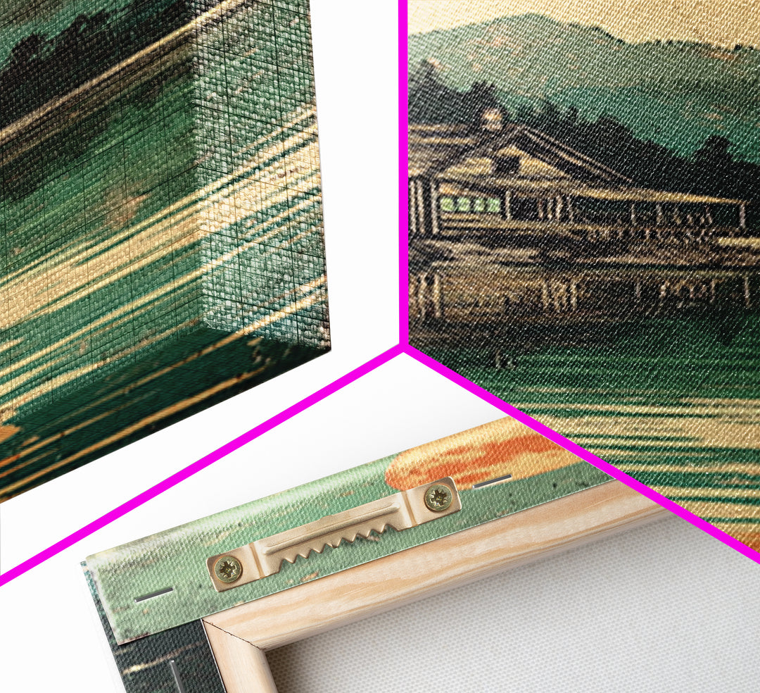 Full Moon Cabin Beside Green Lake Wall Art, Japanese Landscape Print, Cozy Rustic Decor, Long Narrow Mountain Lake Canvas Art