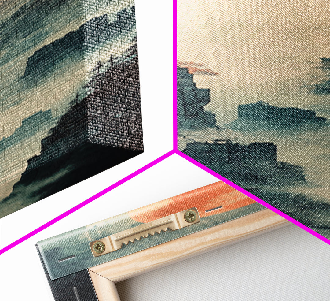 Misty Pagoda Cliffs Under Coral Moon Framed Canvas Print, Japanese Wall Art, Zen Landscape Decor, Moody Wall Decor, Gift For Her