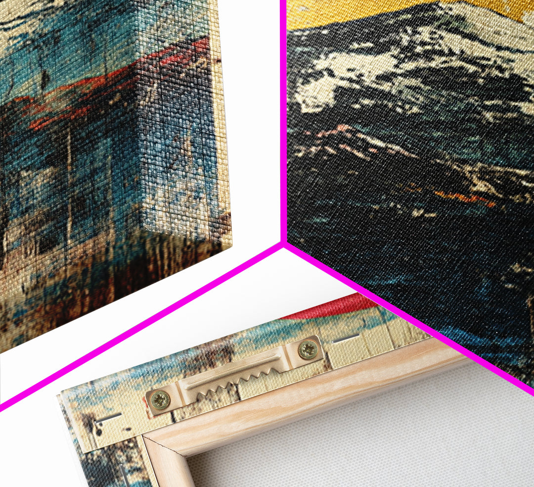 Red Sun Snowy Fuji Mountain Wall Art, Japanese Woodblock Landscape Print, Blue Abstract Canvas For Modern Japandi Decor Gift