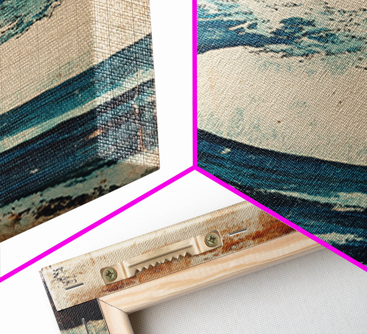 Teal Ocean Wave With Flying Birds Wall Art, Japanese Coastal Print For Bathroom Decor, Beach House Decor, And Gallery Wall