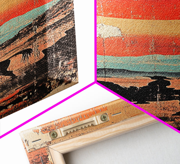 Horse Rider Under Red Sun Wall Art, Western Desert Landscape Canvas Print, Japanese Inspired Southwestern Living Room Home Decor