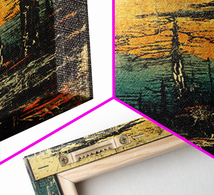 Tall Pines And Red Sun Mountain Wall Art, Japanese Forest Canvas Print, Rustic Cabin Decor, Nature Lover Gift For Home Decor