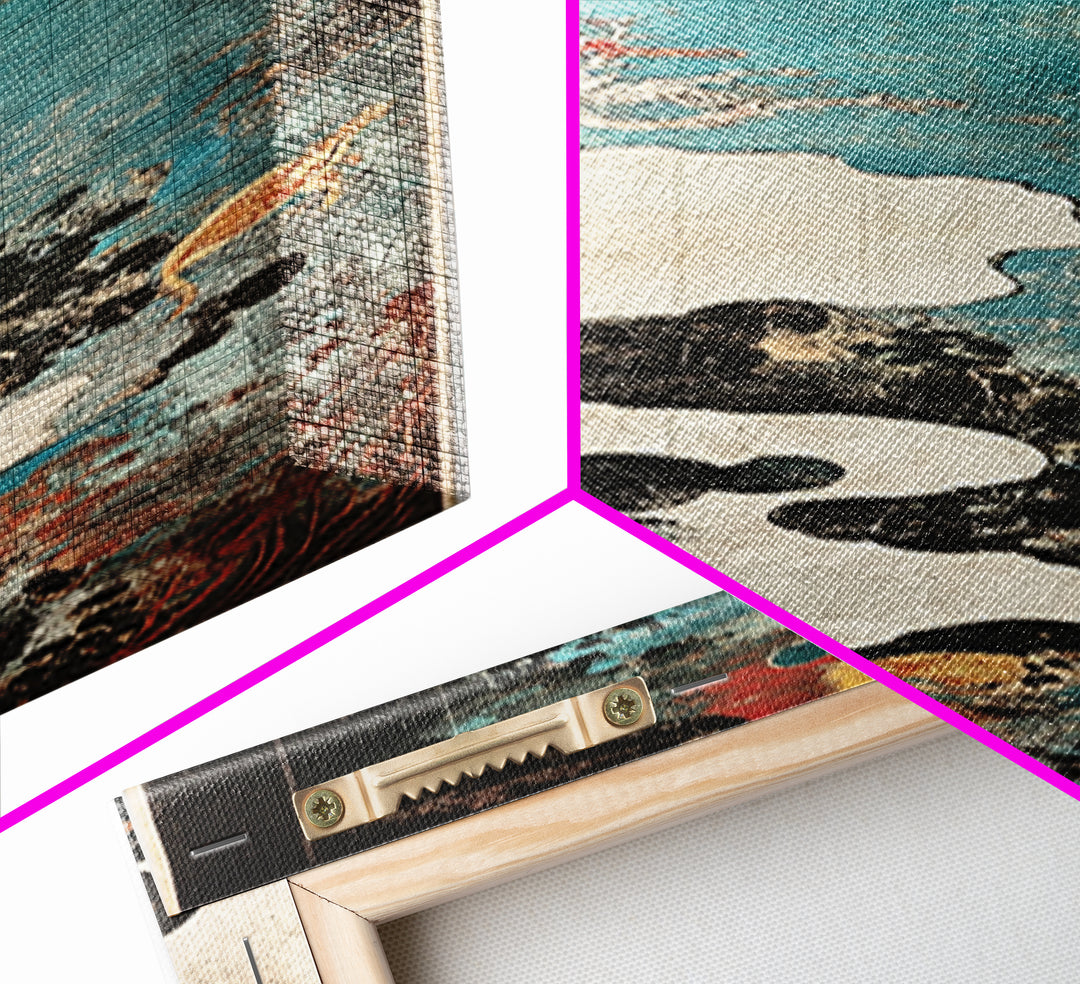 Turquoise Cloudscape With Red Moon Wall Art, Abstract Japanese Canvas Print, Moody Coastal Decor, Teal Black Statement Art