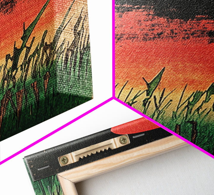 Red Sun Marsh Grass Canvas Print, Japanese Inspired Landscape, Moody Black And Green Wall Decor, Modern Nature Wall Art Print