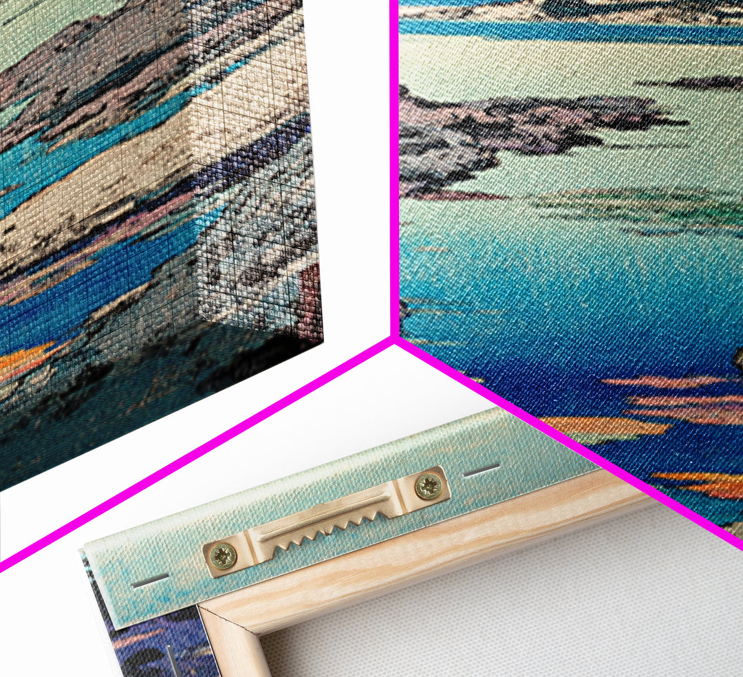 Rocky Coastal Cove Framed Canvas Print, Japanese Landscape Wall Art, Blue Ocean Decor, Serene Living Room Nature Art Print