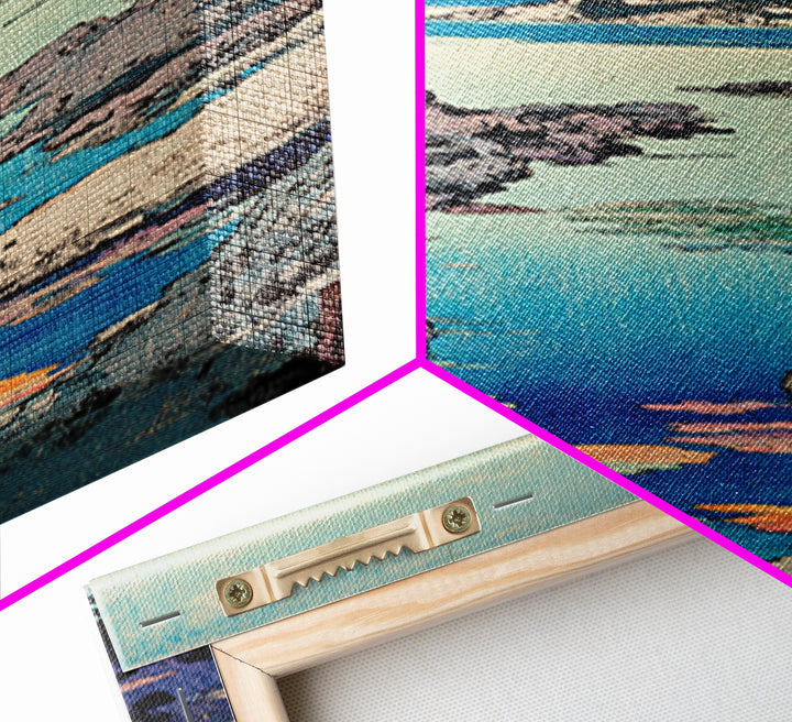 Rocky Coastal Cove Framed Canvas Print, Japanese Landscape Wall Art, Blue Ocean Decor, Serene Living Room Nature Art Print
