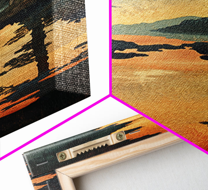 Golden Mountain Lake Sunset Wall Art, Pine Forest Landscape Canvas Print, Rustic Cabin Decor, Framed Canvas Print For Living Room