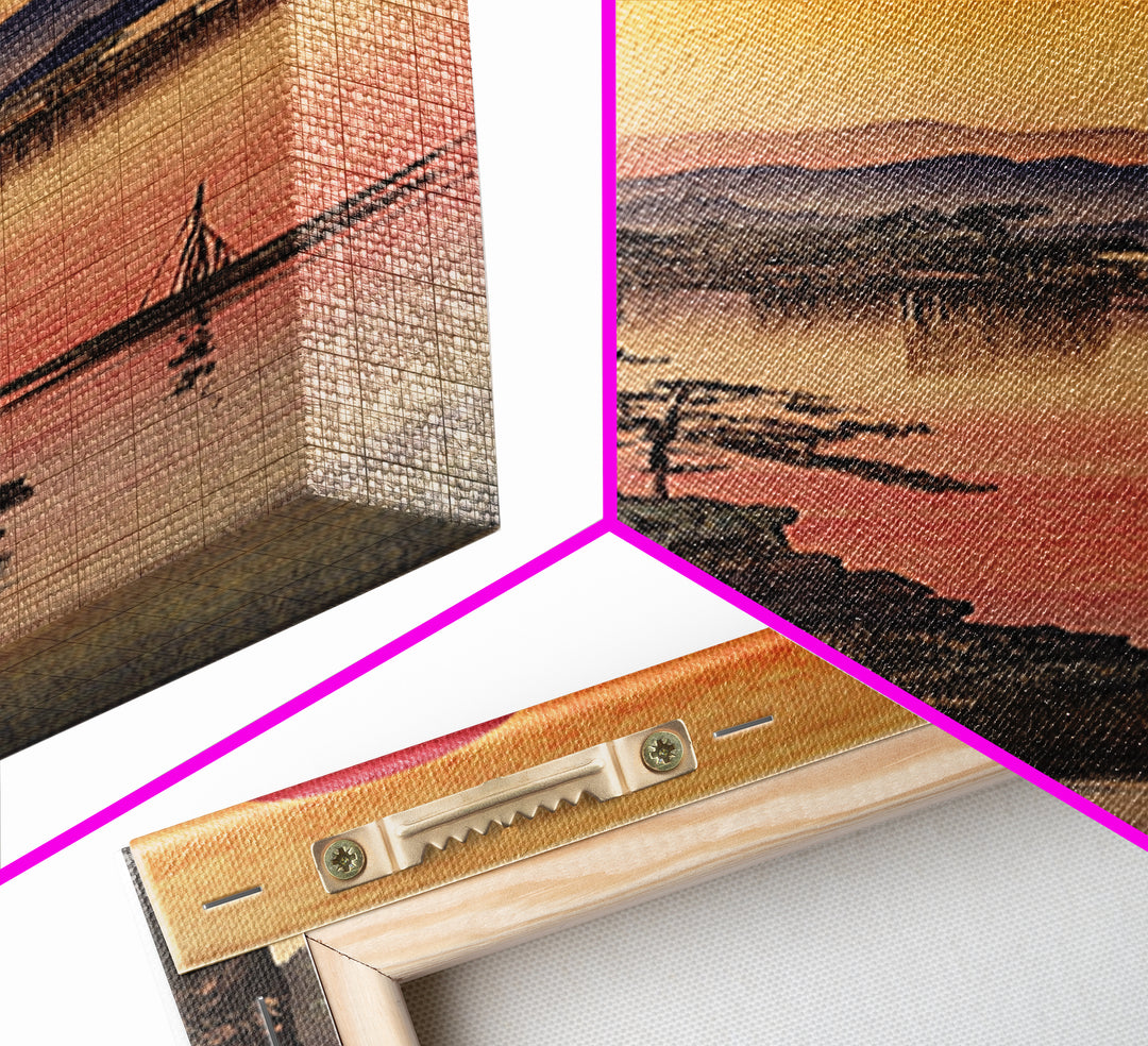 Orange Sunset Lake Mountain Wall Art, Japanese Landscape Print, Serene Nature Decor For Bedroom And Living Room, Framed Canvas Print
