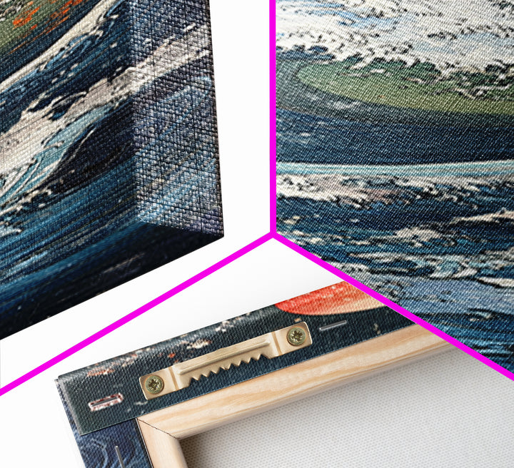 Great Wave With Red Sun Framed Canvas Print, Japanese Wall Art, Ocean Seascape, Nautical Decor, Bold Coastal Gift, Living Room Wall Decor
