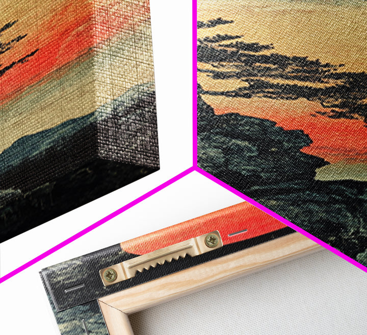 Cliff Pine Red Sun Framed Canvas Print, Japanese Landscape Wall Decor, Moody Nature Art, Vertical Poster For Living Room