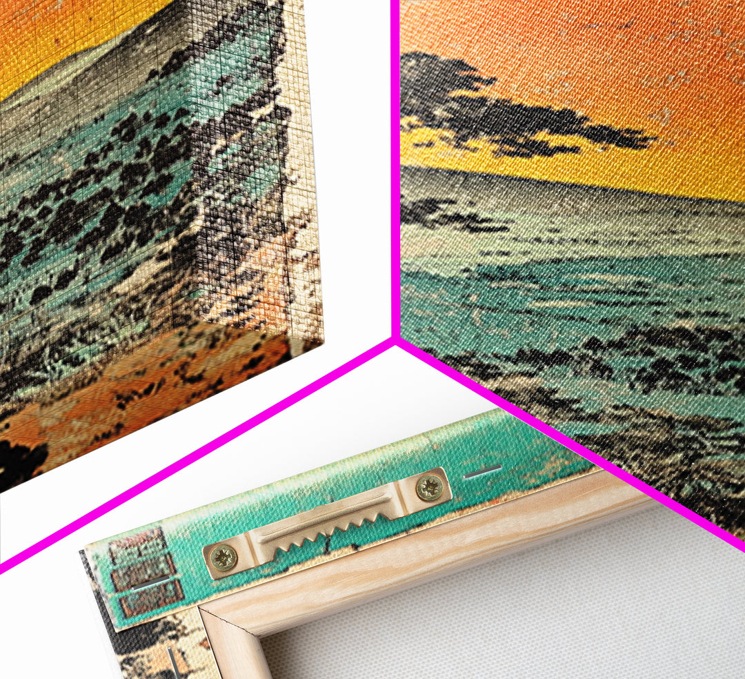 Orange Sunset Mountain Valley Canvas Print, Japanese Landscape Wall Art, Coastal Teal Nature Decor, Long Narrow Wall Decor