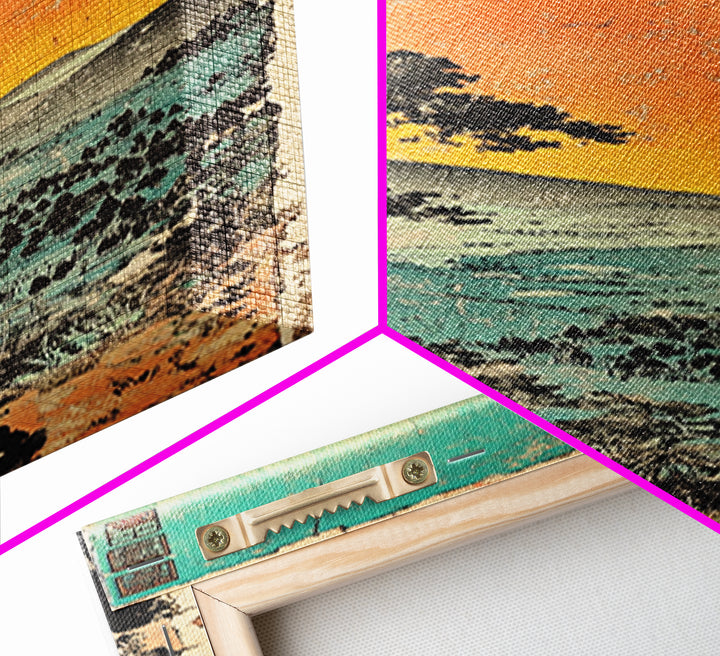 Orange Sunset Mountain Valley Canvas Print, Japanese Landscape Wall Art, Coastal Teal Nature Decor, Long Narrow Wall Decor