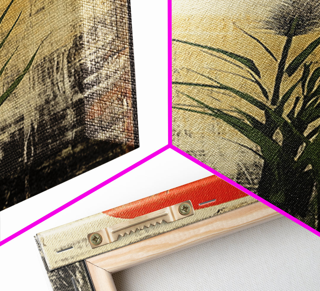 Tall Reed Grass With Red Sun Wall Art, Japanese Botanical Canvas Print, Minimal Nature Decor For Japandi Living Room Wall Decor
