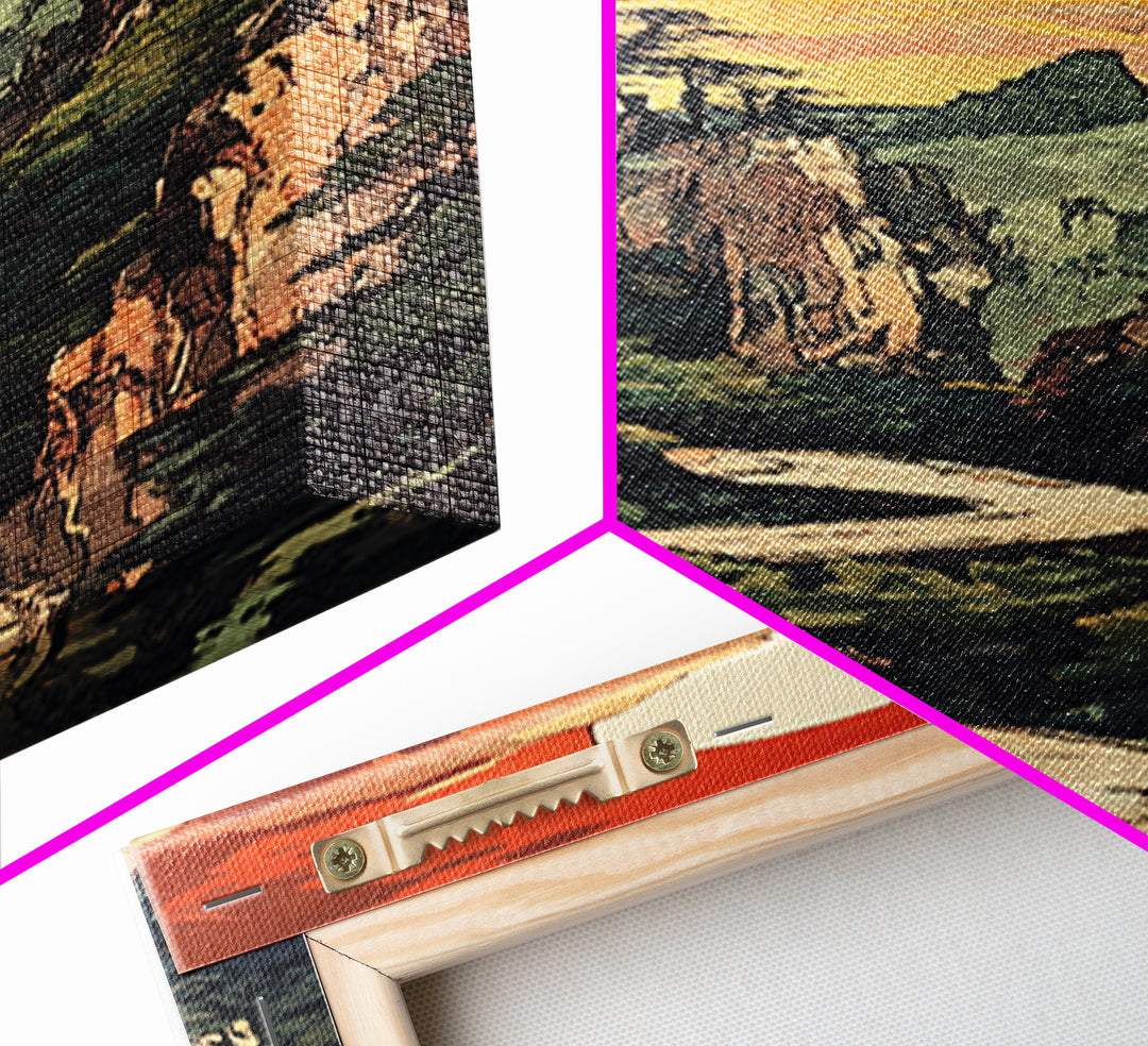Sunset Canyon River Wall Art, Japanese Landscape Print, Mountain Wall Decor, Large Horizontal Art, Framed Canvas Print, Living Room Decor