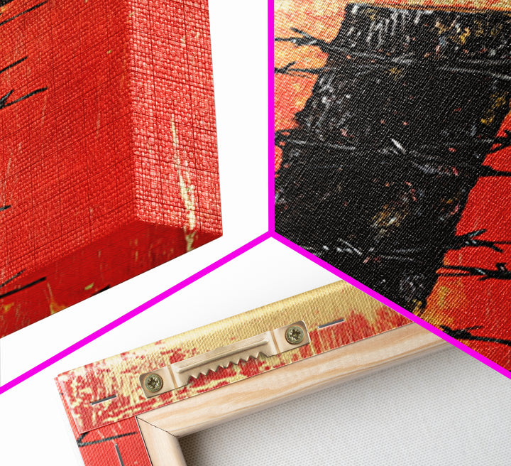 Barbed Wire Fence Post Wall Art, Rustic Western Print, Red Distressed Farmhouse Decor For Man Cave Or Modern Entryway Gift