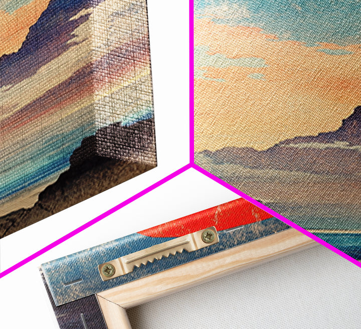 Red Sun Blue Mountain Seascape Wall Art, Japanese Landscape Print, Coastal Asian Decor, Tall Narrow Canvas For Living Room