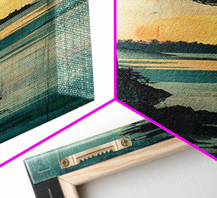Golden Sun Forest Coast Wall Art, Japanese Landscape Print, Teal Nature Decor, Long Vertical Canvas For Bedroom Or Living Room